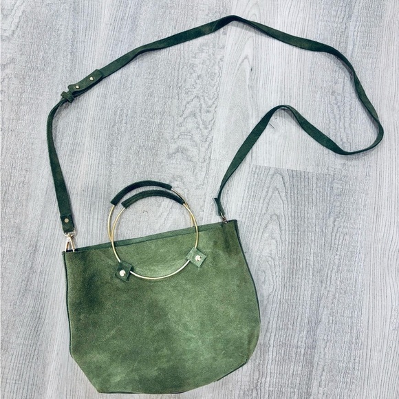 Tribe Alive Suede Olive Green Crossbody Bag with Gold Handles - Picture 4 of 8